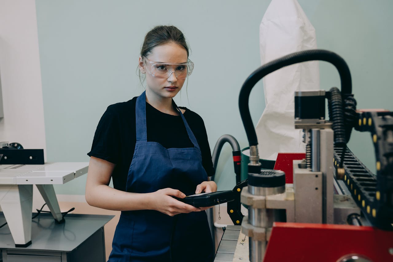 Woman in safety gear operates CNC machine in industrial setting.