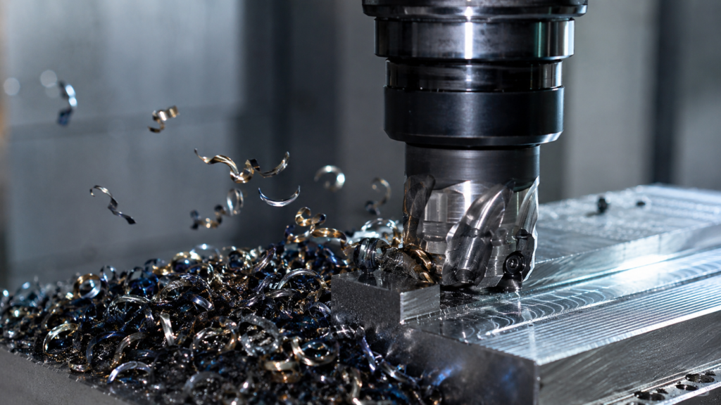 Viruta generada durante mecanizado CNC con herramienta de corte