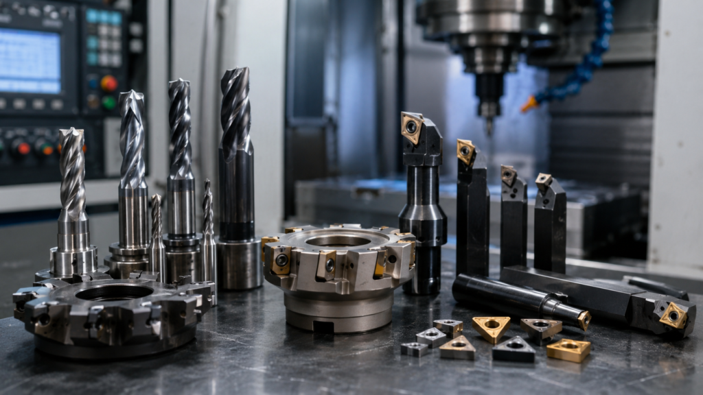 Diferentes herramientas CNC para mecanizado de metal colocadas sobre una mesa