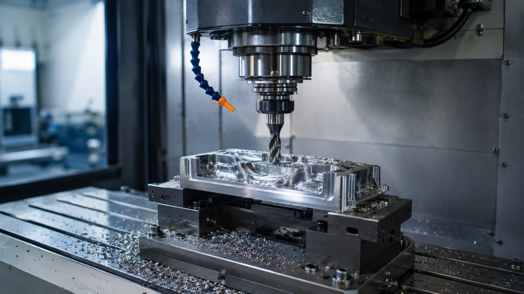 Fresadora CNC mecanizando una pieza metálica con refrigeración