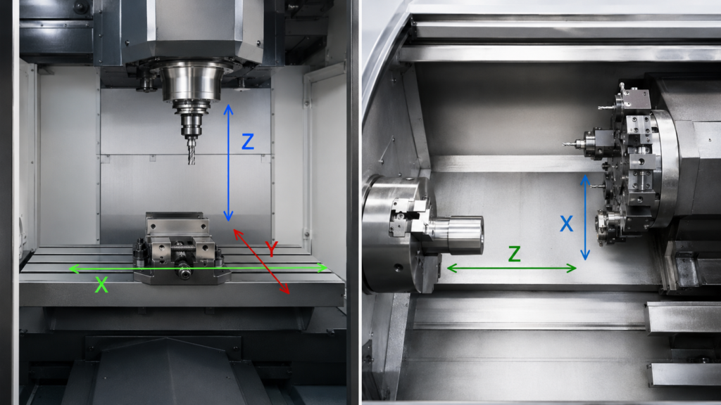 Comparación de ejes en fresadora CNC y torno CNC