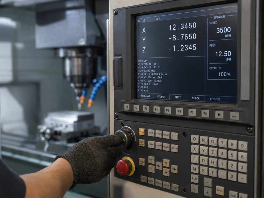 Panel de control CNC mostrando RPM y avance durante el mecanizado