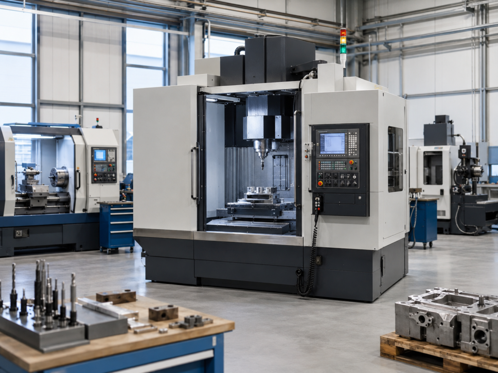 Interior de un taller con máquina CNC de mecanizado