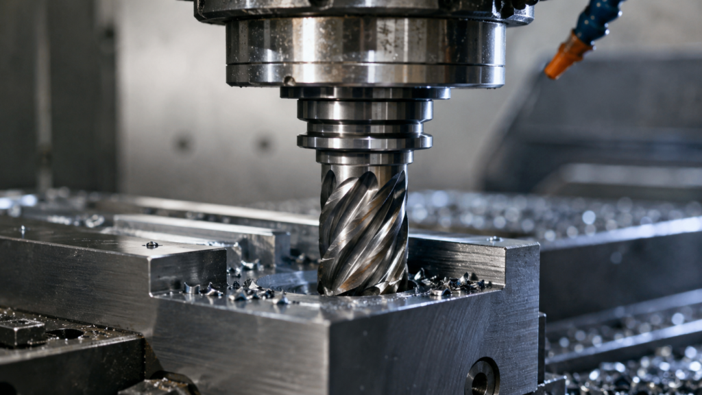 Fresa CNC de varios labios cortando una pieza metálica