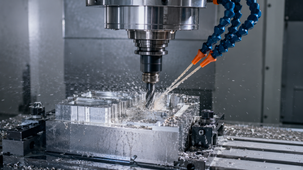 Fresadora CNC mecanizando aluminio con refrigeración durante una operación de corte