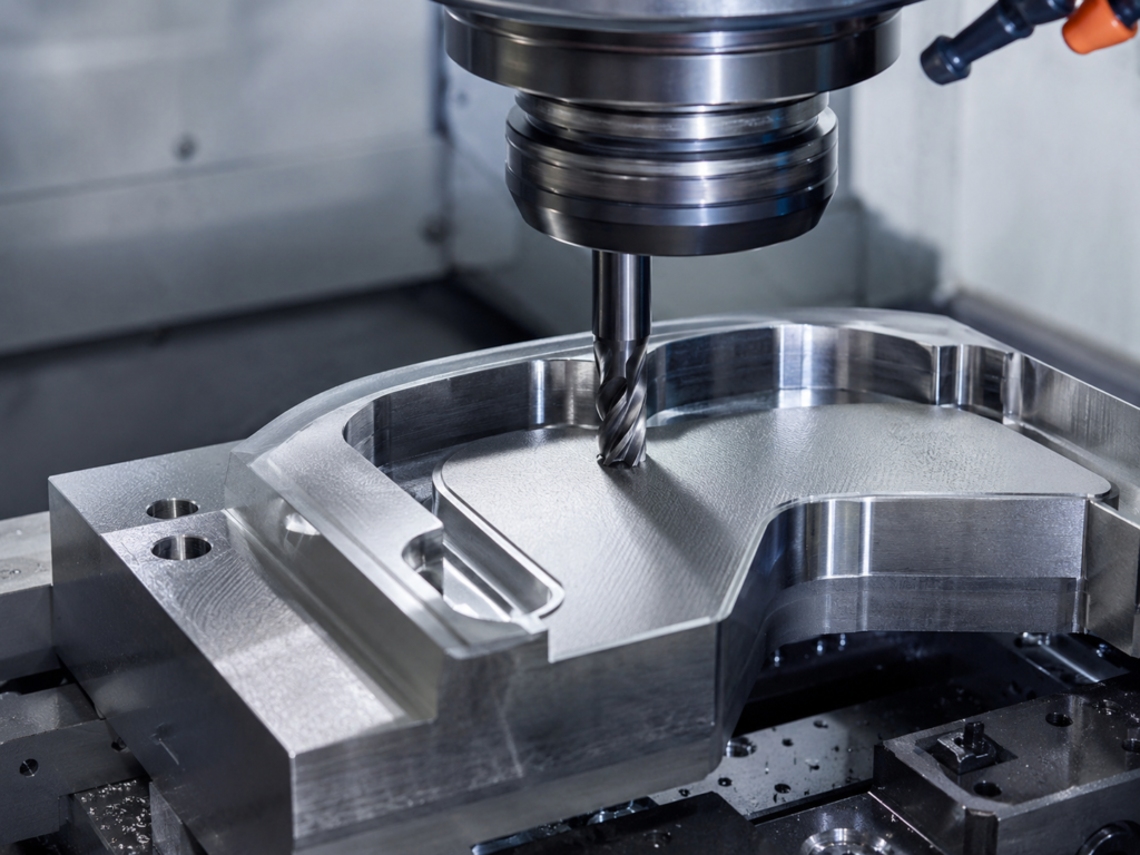 Fresa CNC realizando una pasada de acabado en metal