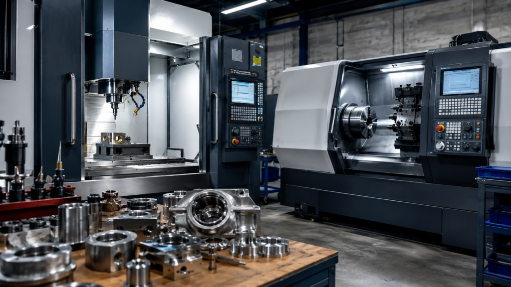 Fresadora CNC y torno CNC en taller de mecanizado