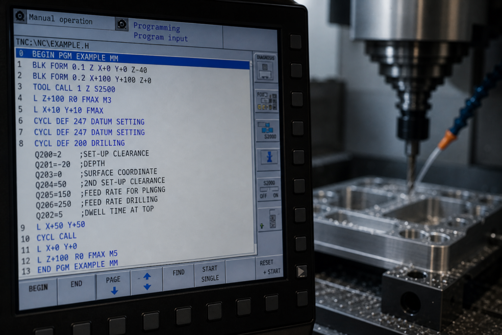 Programa Heidenhain en pantalla de máquina CNC con mecanizado en segundo plano