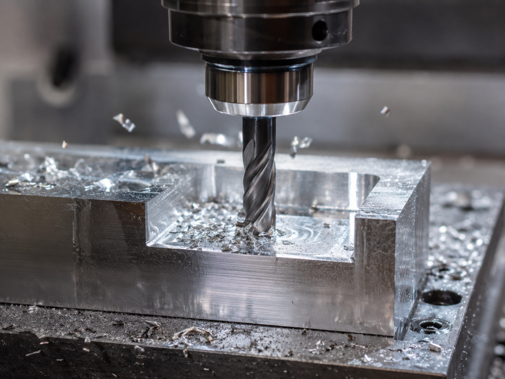 Fresa CNC realizando una pasada de acabado en metal