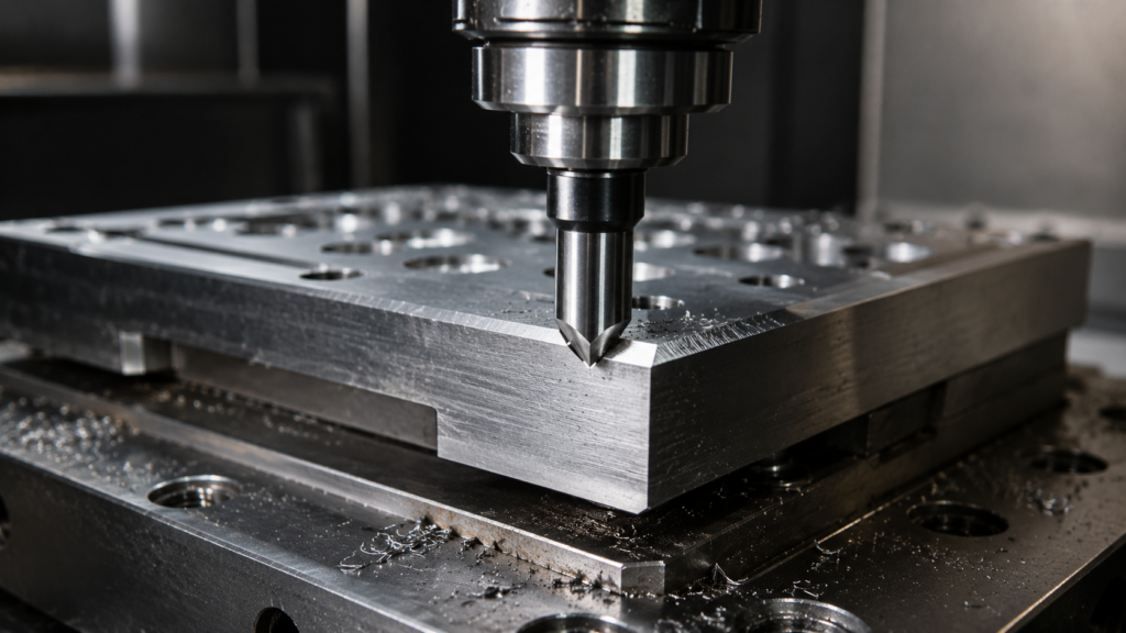 Fresa de desbaste CNC quitando material en una pieza metálica