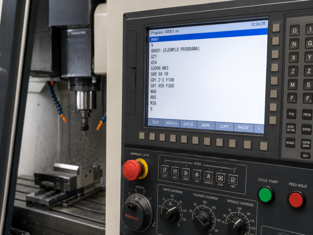 Pantalla CNC mostrando códigos G y M de programación