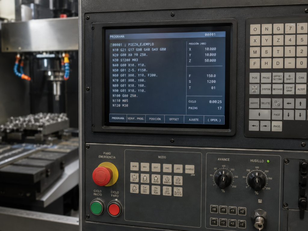 Panel de control CNC mostrando programación G-code
