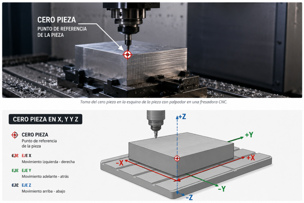 Cero pieza en CNC explicado con referencia en X Y Z sobre una pieza mecanizada
