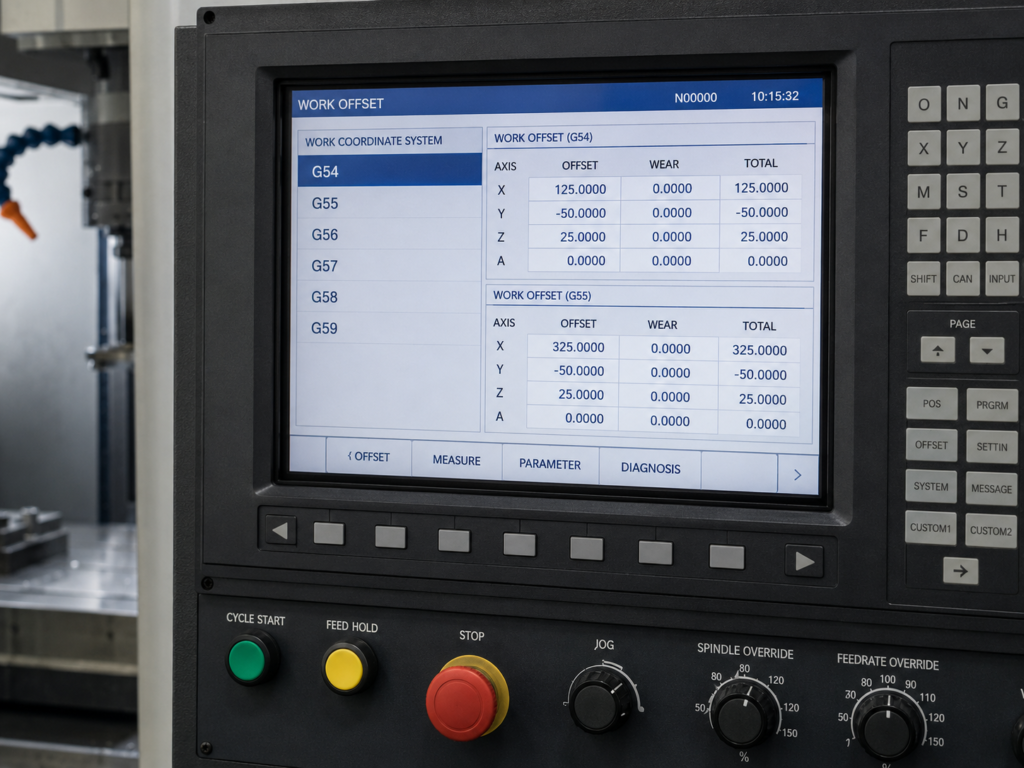 Pantalla CNC mostrando sistemas de coordenadas G54 y G55