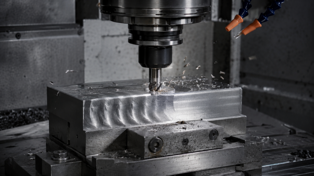Herramienta CNC mecanizando una pieza con posible vibración en el corte