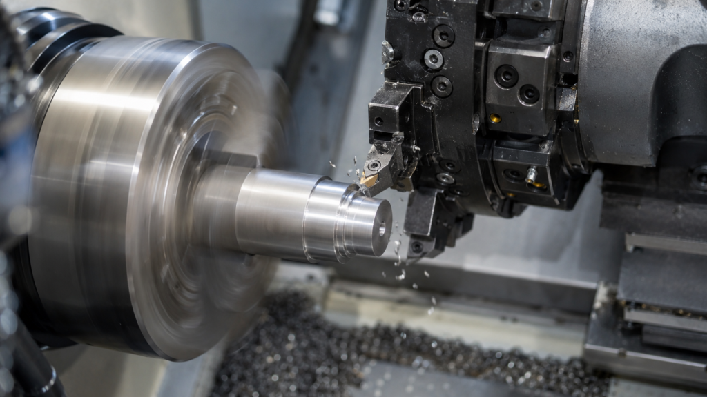 Torno CNC mecanizando una pieza cilíndrica
