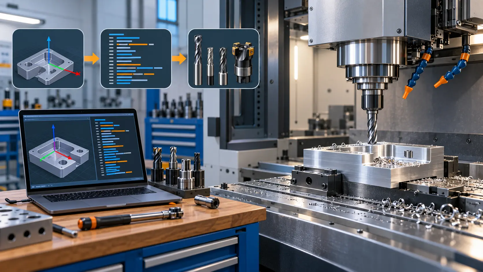 Ruta para aprender CNC desde cero Fresadora CNC con ejes X Y Z, programa G-code y herramientas de mecanizado